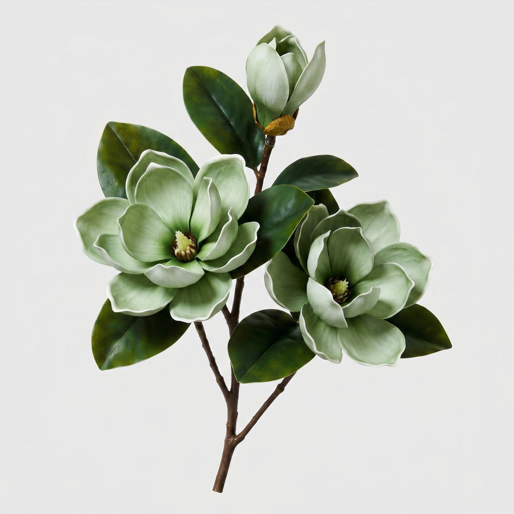 Real Touch Magnolia Stem 3-Head | Green Magnolia Branch - Green