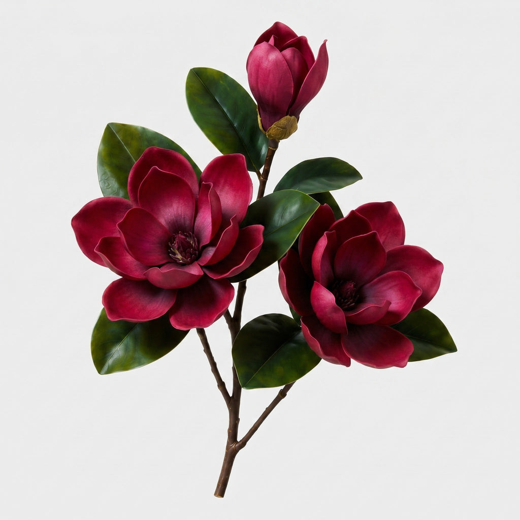 Real Touch Magnolia Stem 3-Head | Red Magnolia Branch - Red