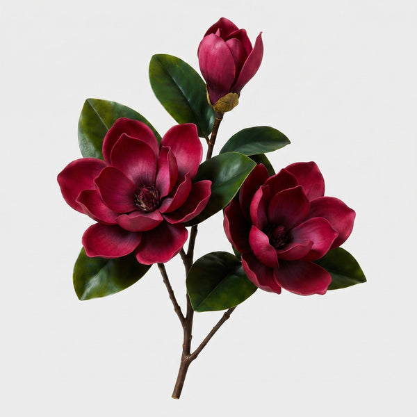 Real Touch Magnolia Stem 3-Head | Red Magnolia Branch - Red