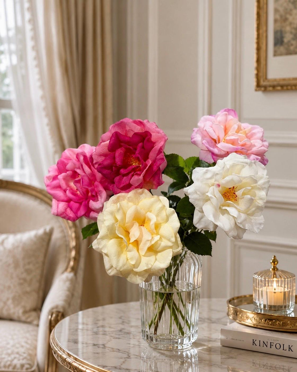Real Touch English Garden Rose Stems in Light Pink, Yellow, Magenta Pink, White and Sweet Pink